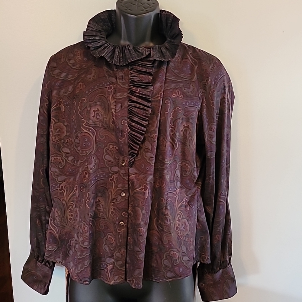 Lauren By Ralph Lauren Blouse  Top Ruffled  Paisley Plum Women's Size XL Dressy